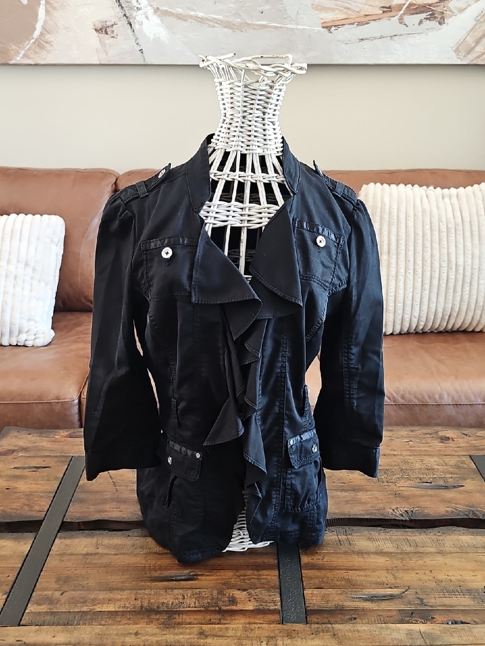 White House Black Market Black Ruffle-Front Utility Jacket
